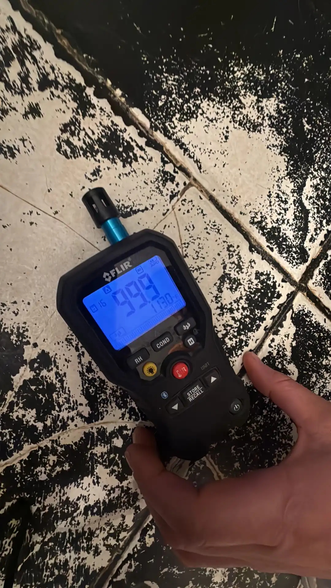 Moisture meter showing 99.9% reading on moldy floor tile