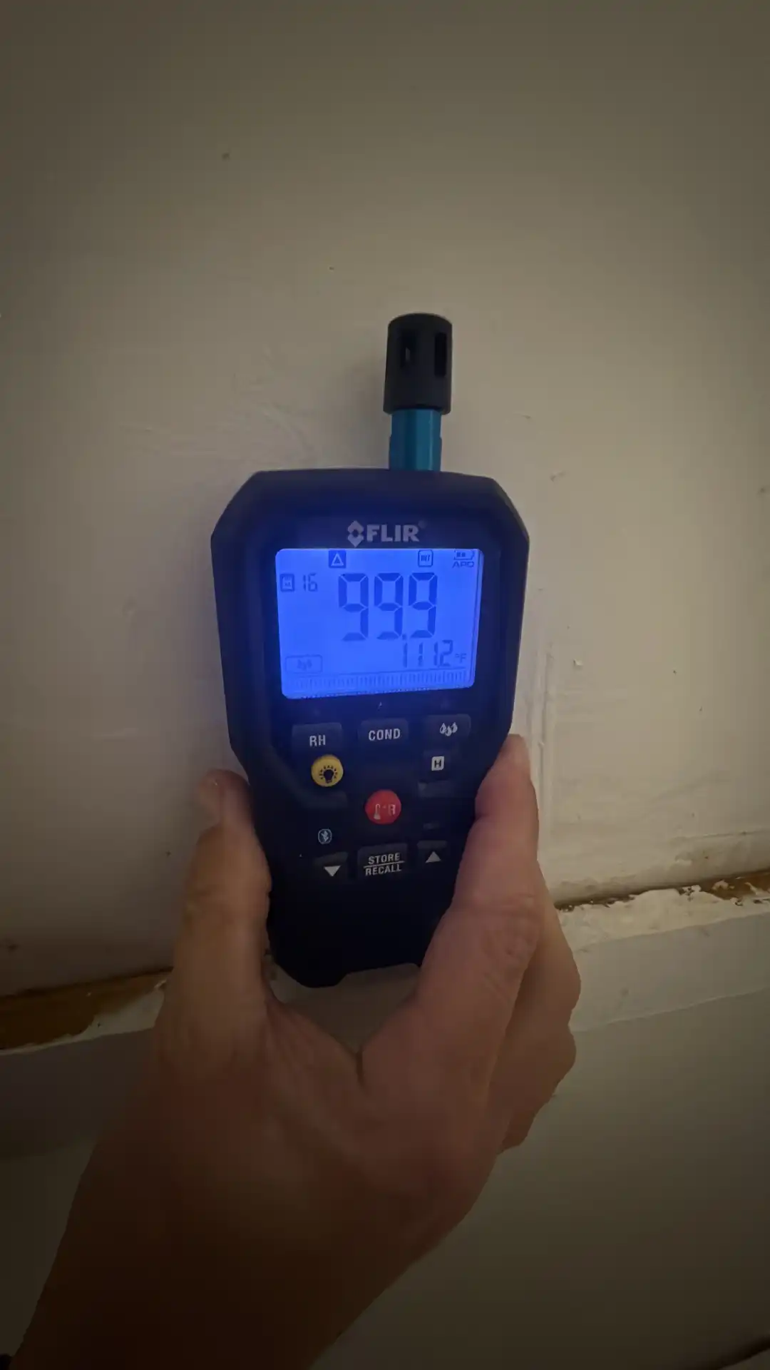 Moisture meter reading 99.9% on interior wall