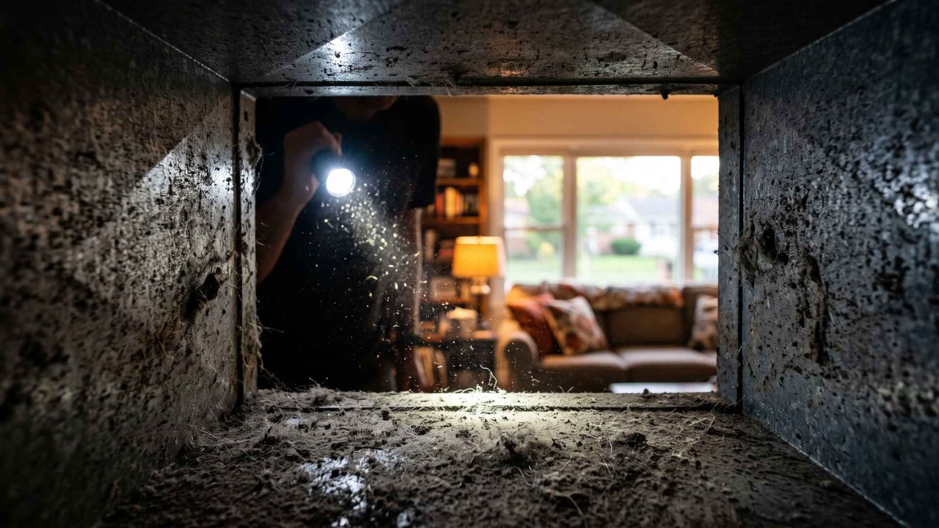 Dirty air duct interior showing accumulated dust, allergens, and debris in Middle Tennessee home